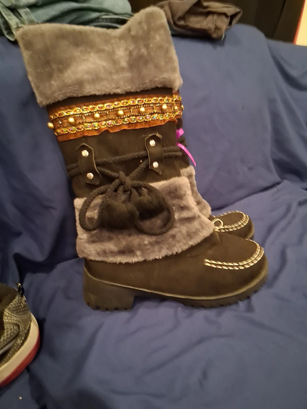 Embellished Faux-Fur Winter Boots - Brown and Gray
